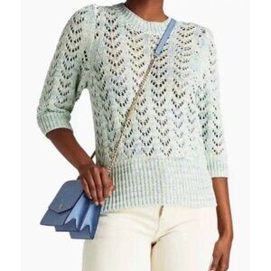 JOIE Sweater Sz L Mallow pointelle-knit cotton Short Puff Sleeve Multi Blue New